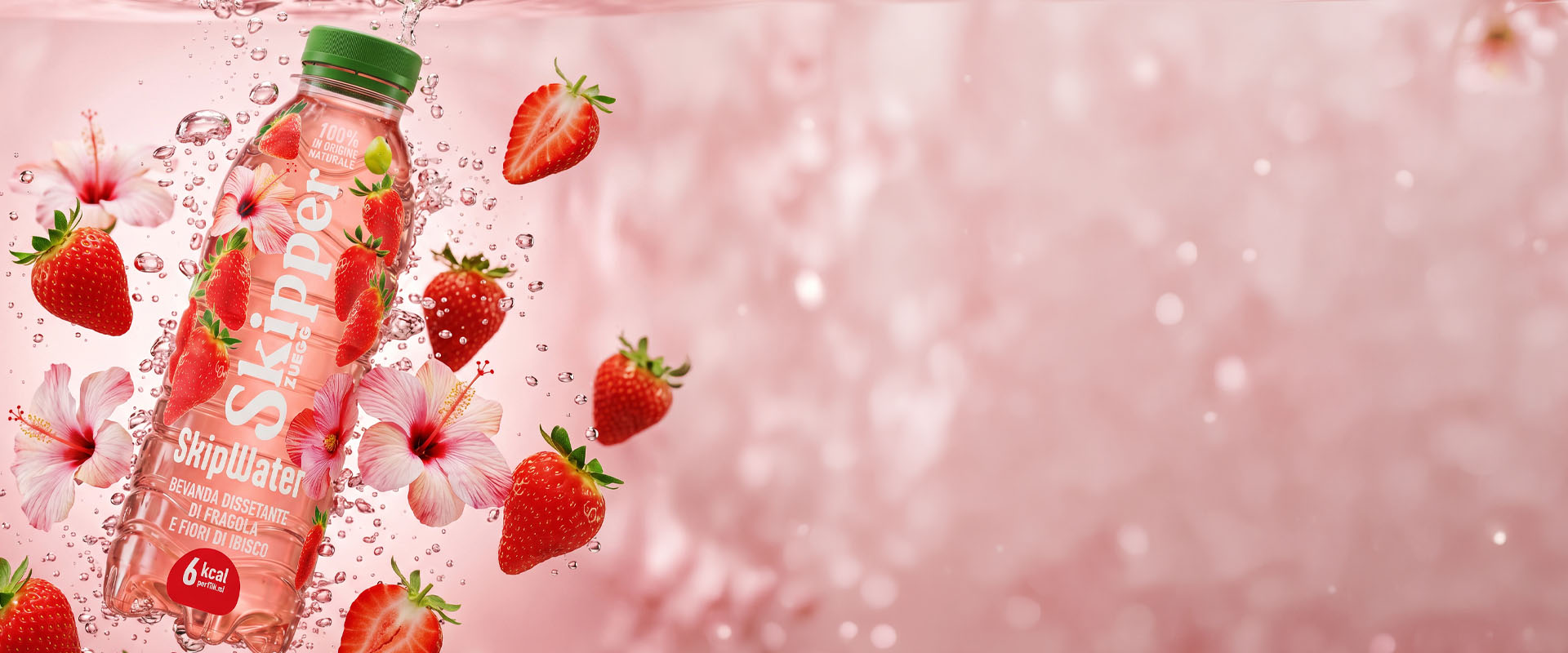 Packaging SkipWater Skipper Zuegg gusto fragola e fiori di ibisco — effetto trompe-l'œil sleeve trasparente | Design Collective