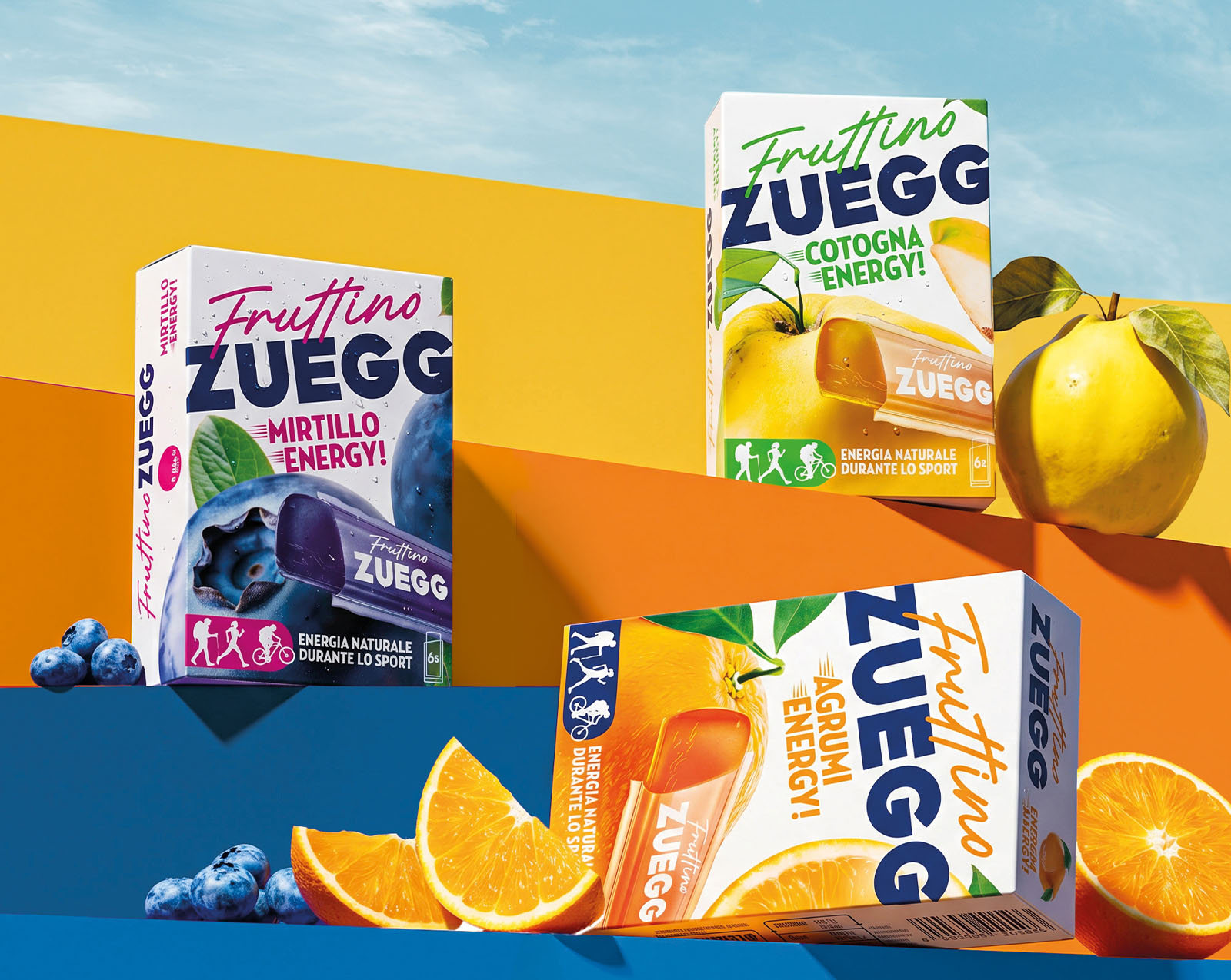 Gamma Fruttino Zuegg tre referenze Agrumi, Cotogna, Mirtillo Energy — sistema visivo packaging design | Design Collective
